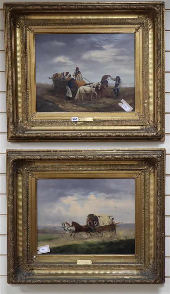 C* Renoir (19th century), Peasants in a covered wagon in a landscape, signed, oil on canvas and companion piece, a pair,